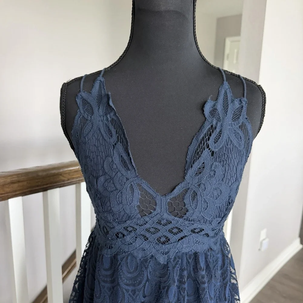 Free People One Adella Blue Slip Dress Size XS Ruffle Lace Coquette Romantic